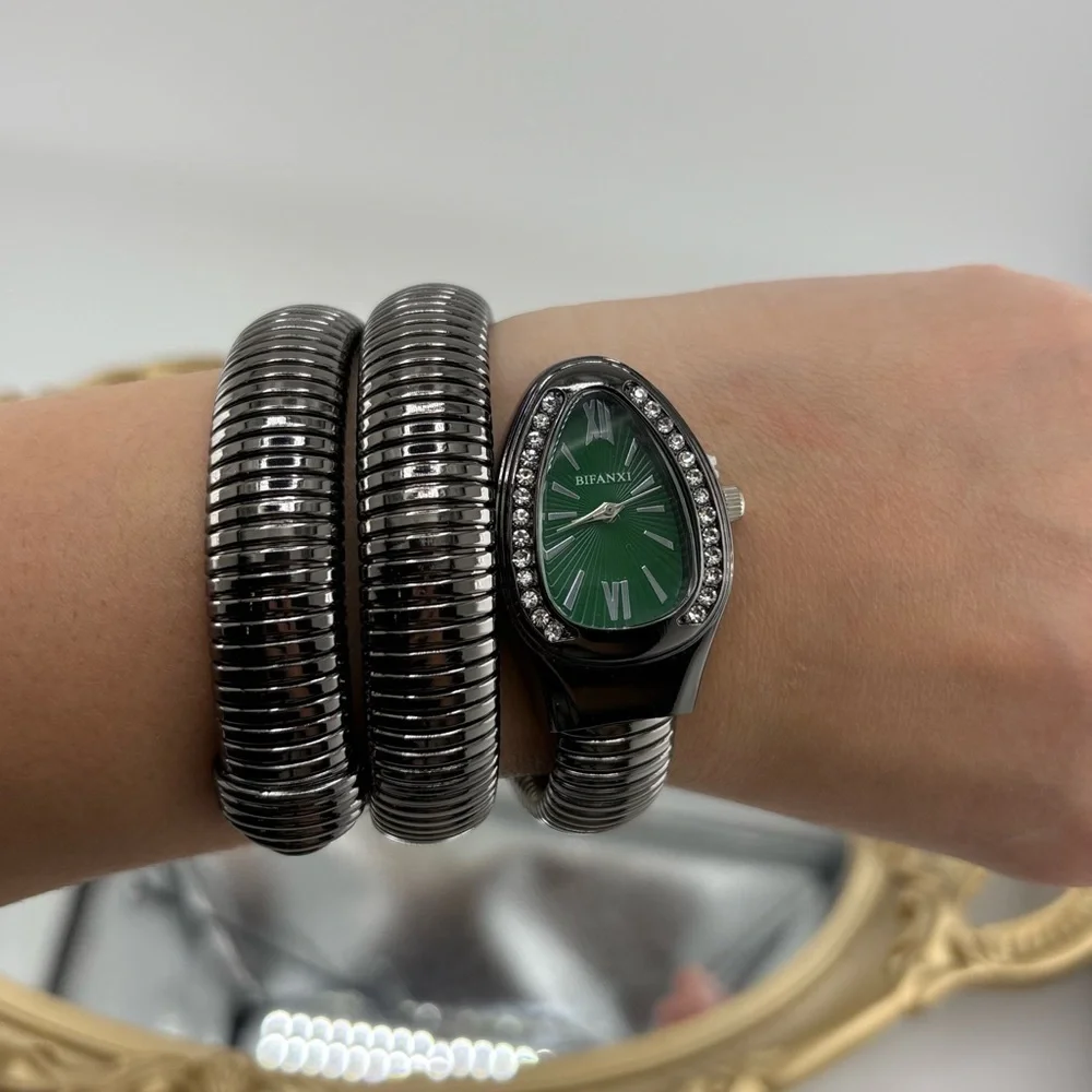 Serpenti Style Wrap Watch – Black & Silver Tone | Green Dial
